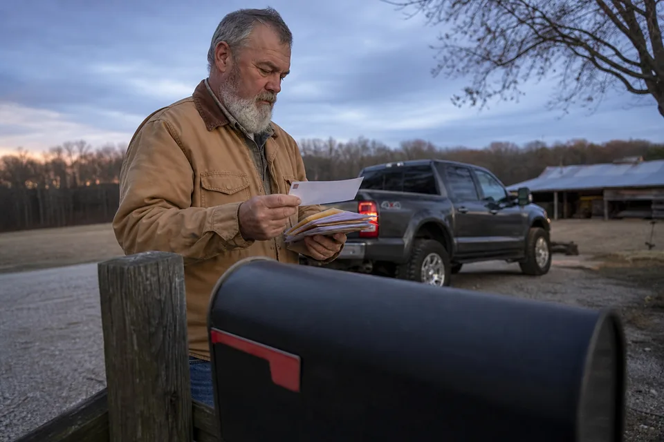 A veteran in a work jacket checking a long envelope at his roadside mailbox at dusk