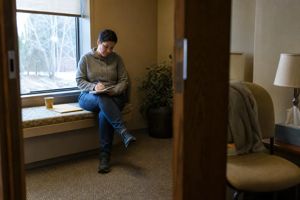 A woman veteran writing notes in a spiral notebook on a window bench in a quiet counseling center waiting room