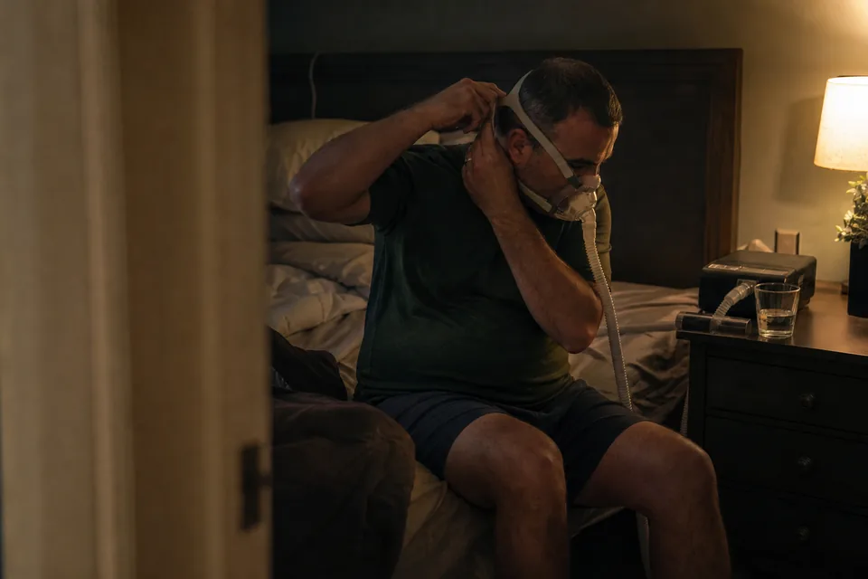 A veteran on the edge of his bed at night adjusting the strap of a CPAP mask