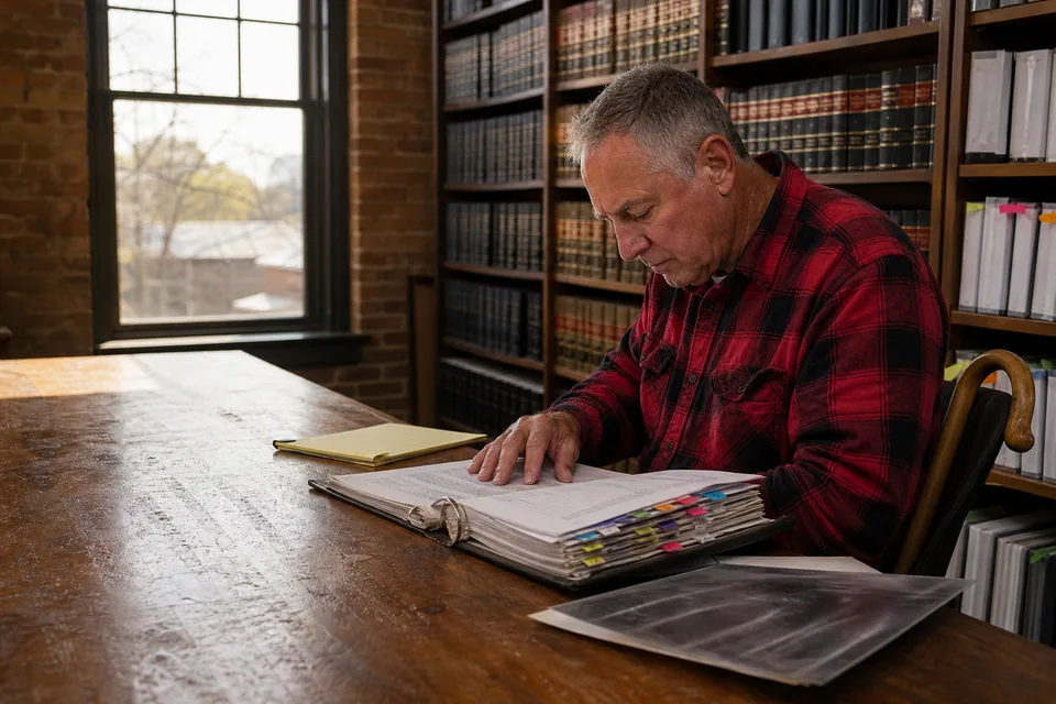 A veteran in a plaid flannel shirt at a law office conference table reading a thick binder of his service medical records, with a cane hooked on his chair and shelves of law reporters behind him