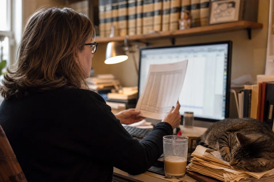 A claims agent at a cluttered desk checking a printed accreditation record against a monitor in a home office