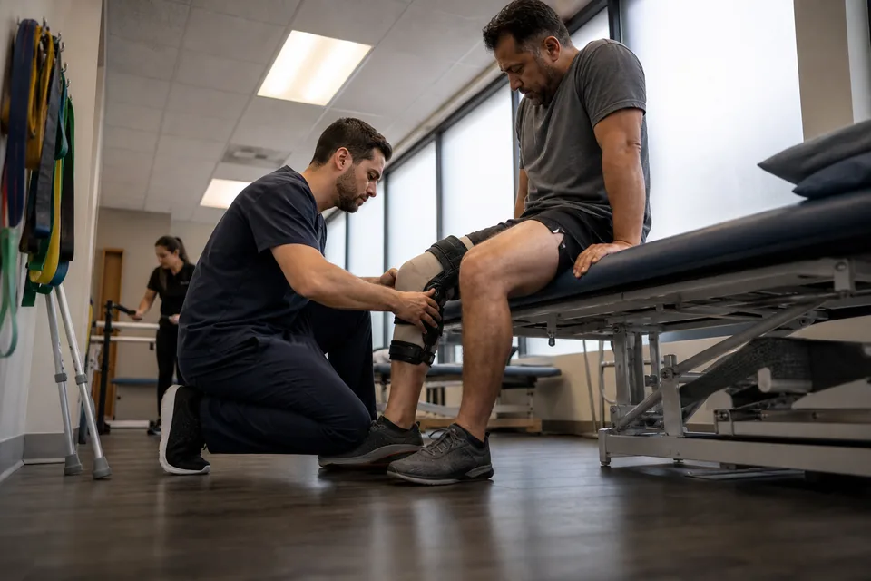 A physical therapist examining the knee of a veteran wearing a brace in a rehabilitation clinic