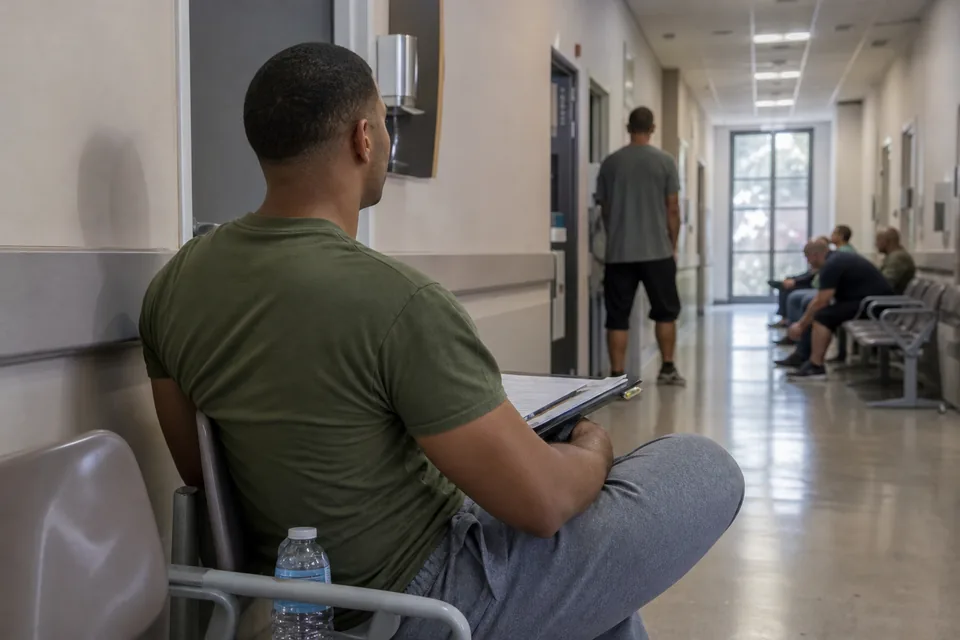 A service member in plain training clothes waiting in a military clinic hallway with a medical folder on his lap