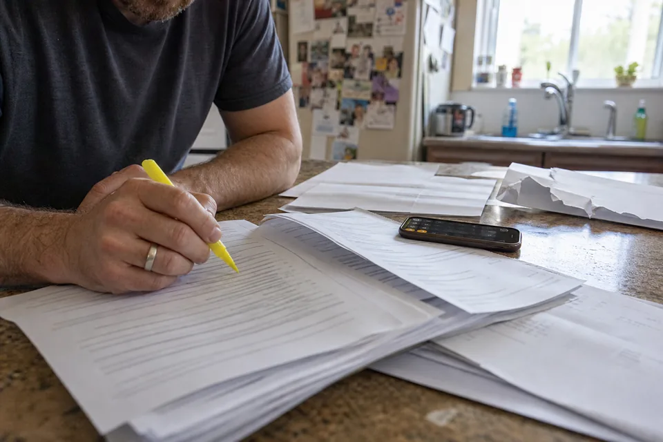 A veteran at a kitchen counter reading a multi-page printed decision letter with a highlighter in hand